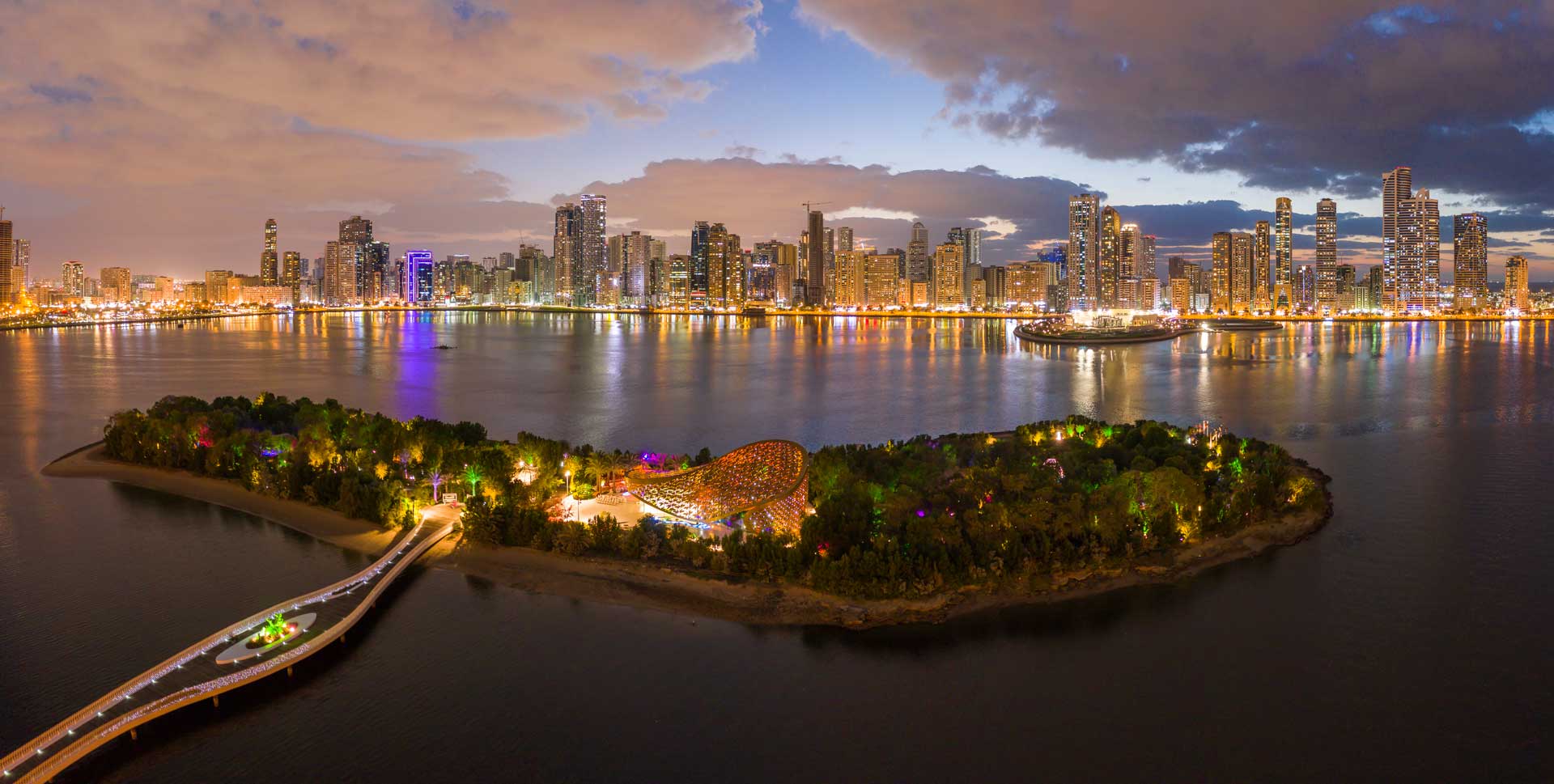 Panoramic view of Sharjah at night